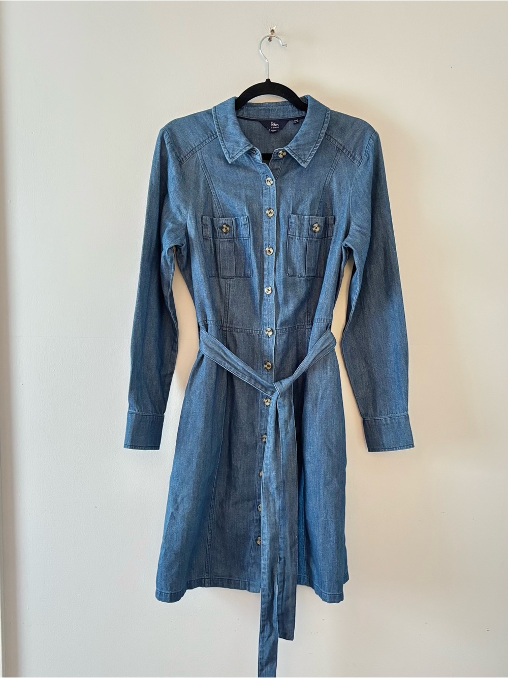 Boden Denim Wrap Midi Dress Button-Up Collar Casual Shirtdress Long Sleeve